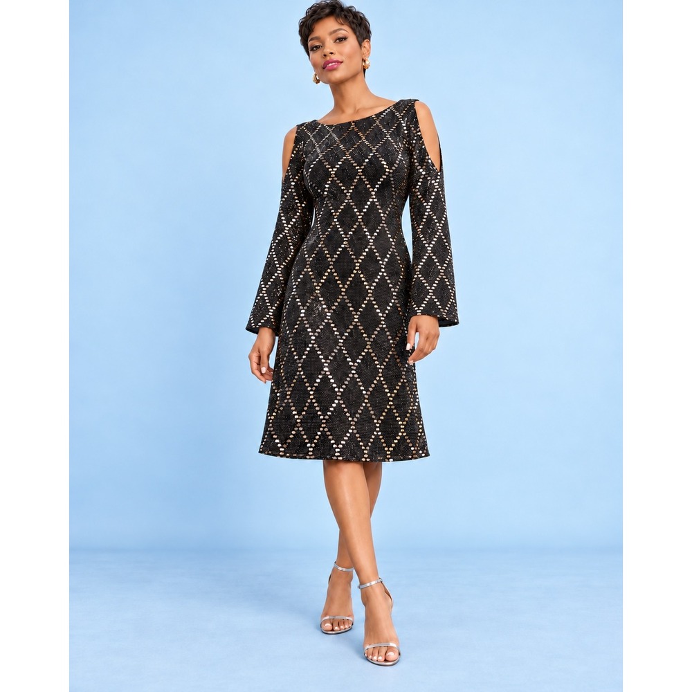 Jessica Howard Black Silver Gold Cold Shoulder Bell Sleeve Dress Size Unknown